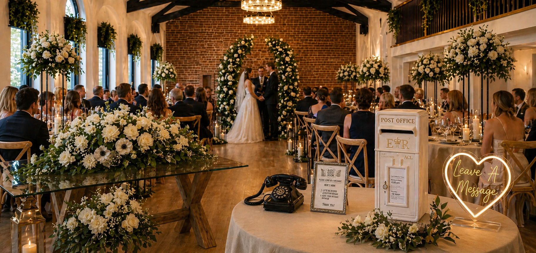 Wedding ceremony in full bloom with the Graceful Bundle florals, retro phone and post box