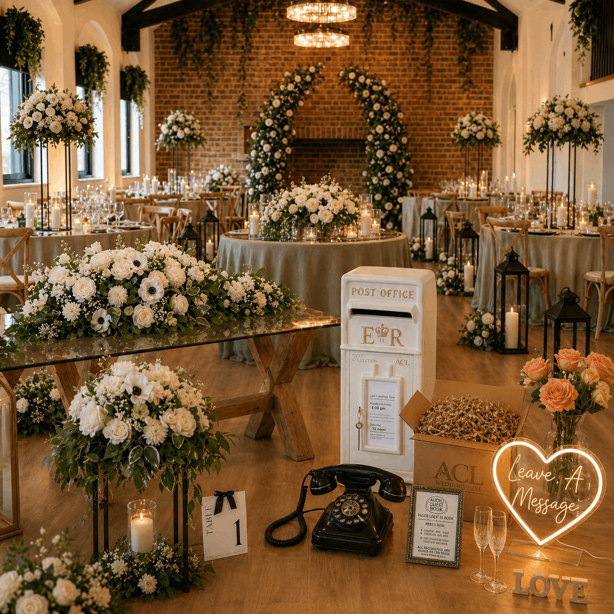 Wedding venue dressed with the Graceful Bundle florals, retro audio guestbook phone and white post box from Something Borrowed