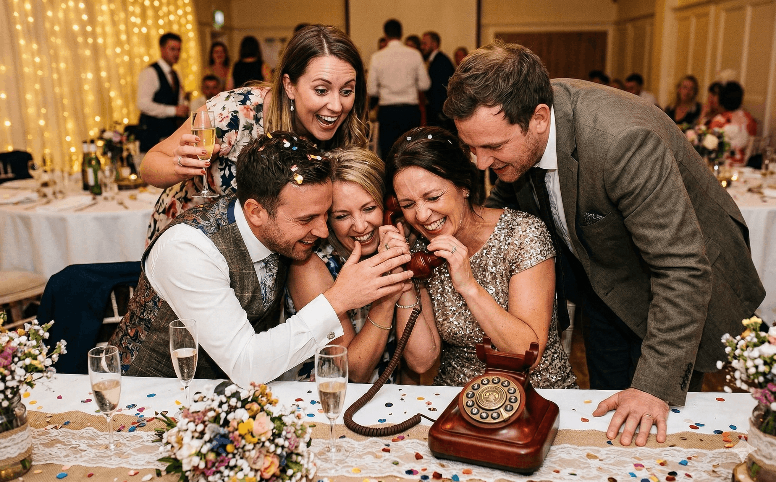 Wedding guests crowded together laughing as they share a message into the retro audio guestbook telephone