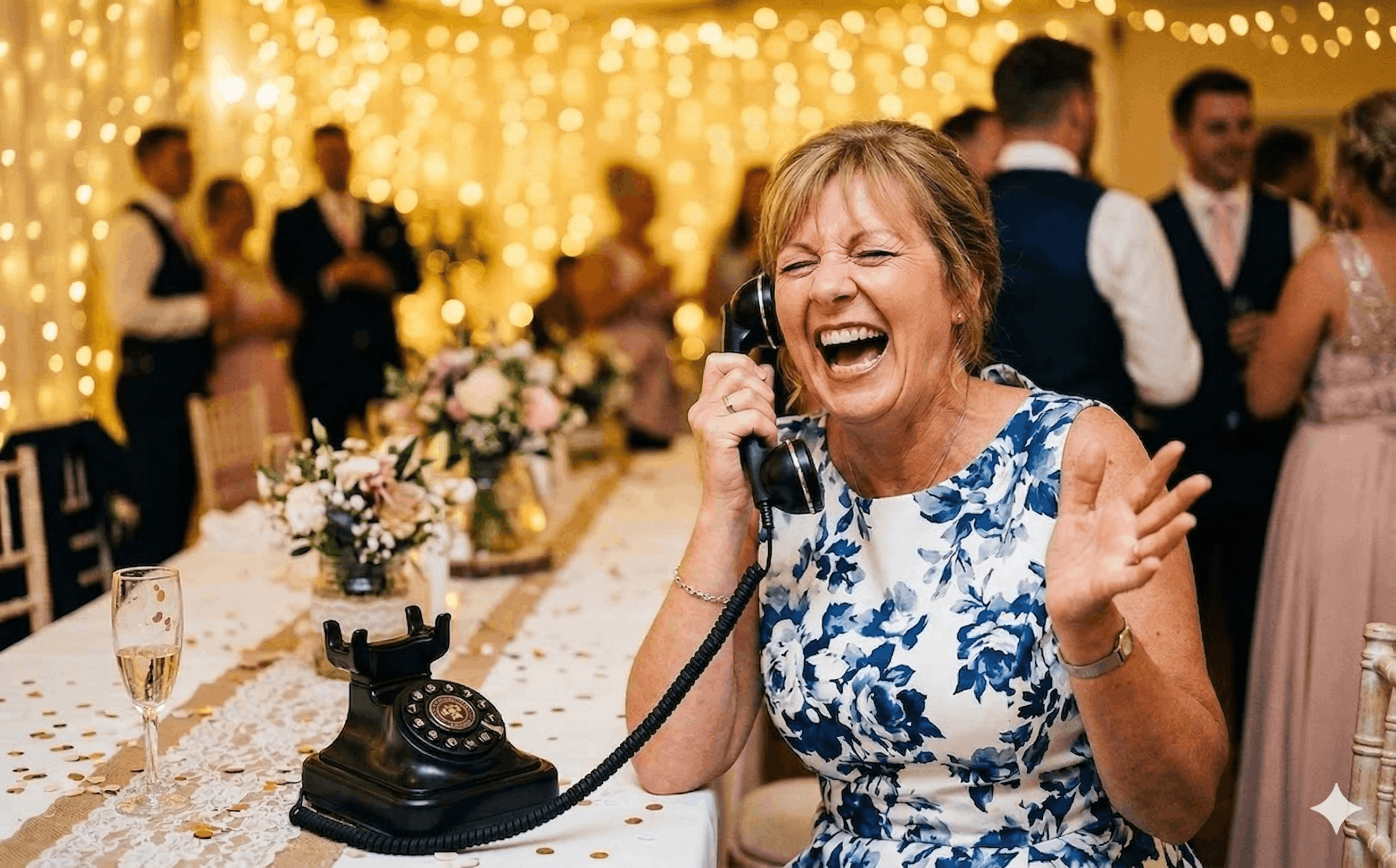 Wedding guest laughing with delight while leaving a voice message on the retro audio guestbook telephone