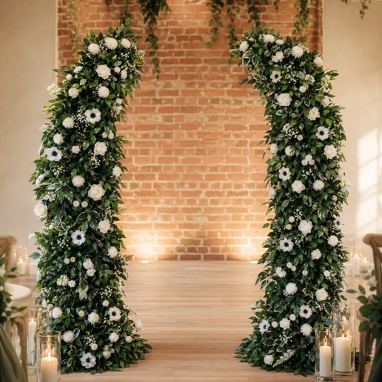 Two free-standing white floral arch pillars at a wedding ceremony